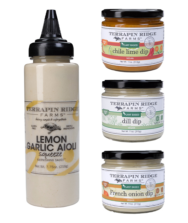 Terrapin Ridge recently unveiled three new vegan dips and a new squeeze garnishing sauce