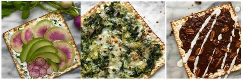 Springtime Avocado Matzah Toast, Cheesy Spinach-Artichoke Matzah Toast, and Chocolate Pecan Matzah Toast
