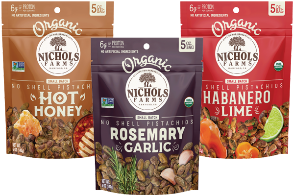 Beginning this June, three of Nichols Farms' organic no-shell flavors—Hot Honey, Habanero Lime, and Rosemary Garlic—will be available at all Erewhon locations in Southern California