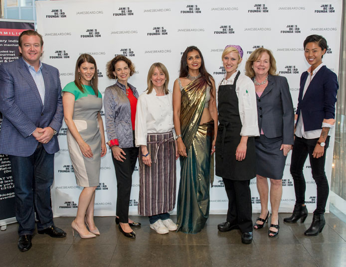 From left to right: Michael White, Gail Simmons, Dana Cowin, Emily Luchetti, Rohini Dey, 2013 WICL grantee Eliza Martin, JBF president Susan Ungaro, and Kristen Kish